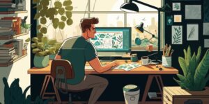 man sitzt am schreibtisch und arbeitet am computer