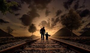 Vater Und Sohn Gehen Eisenbahn Schienen Entzeit Sonnenuntergang
