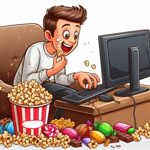 karikatur Mann PC Popcorn nuesse Chips Bonbons schockolade