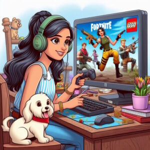 PC Lego Fortnite spielen frau hund schreibtisch stuhl zocken