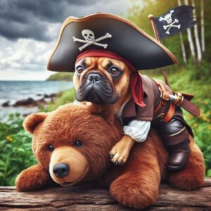 Franzoesiche Bulldogge Hund baer reitet