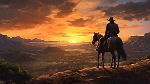 (Beispielbild) Western Tal Pferd Reiter Sonnenuntergang Prärie